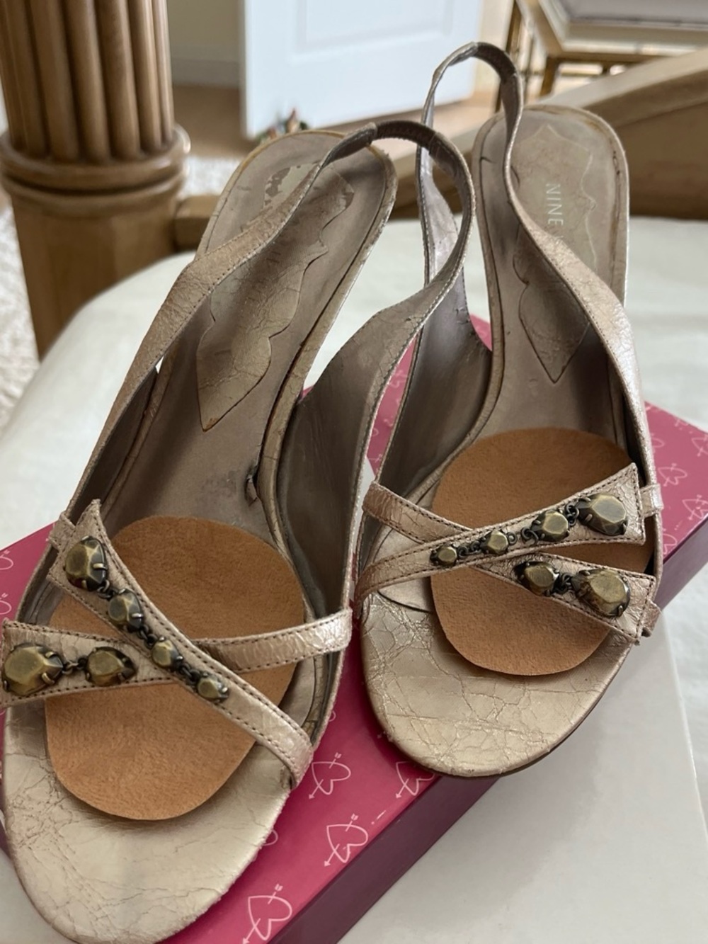 Nine West Metallic Champagne Open-Toe Slingback Wedges
